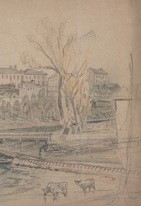 Cows grazing in lowlands near stream, houses in the background, on the upper elevations of the banks of the stream (1843-1860) as a canvas print