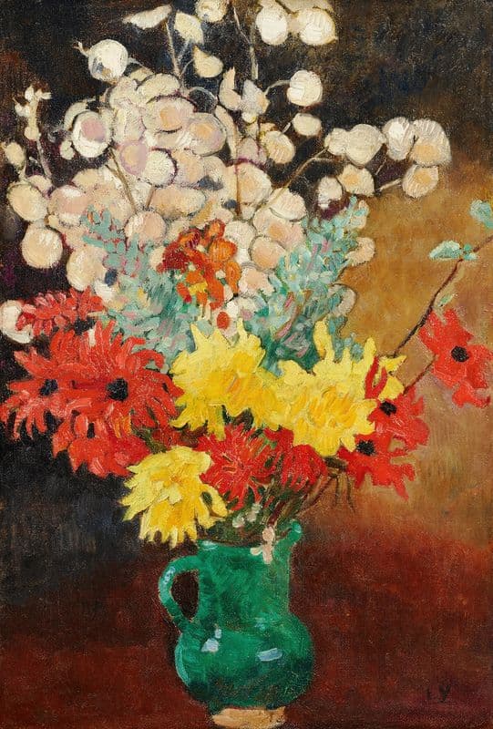 Cruche verte, dahlias et fleurs as a canvas print