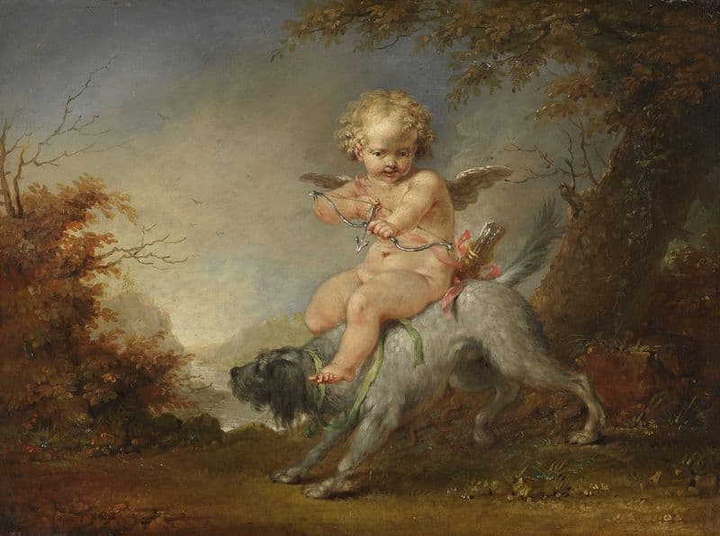 Cupid riding a dog as a canvas print