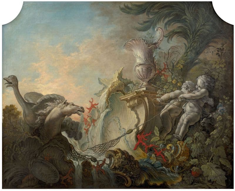 Cupids hunting an ostrich as a canvas print