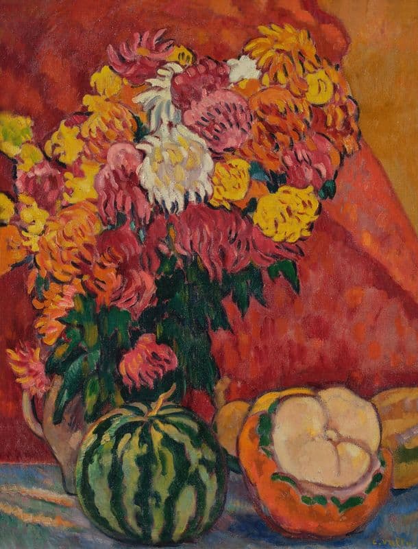 Dahlias et coloquintes as a canvas print