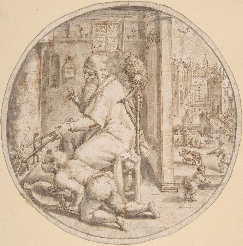 December; And Old Man Seated by a Hearth with a Young Man Blowing on the Fire (late 16th–mid 17th century) as a canvas print