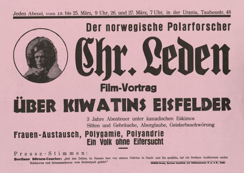Der norwegische Polarforscher Chr. Leden Film-Vortrag Über Kiwatins Eisfelder as a canvas print
