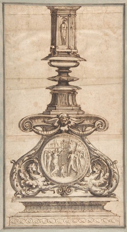Design of a Candlestick with Winged Figures at Base Surrounding Scenic Medallion (1501–47) as a canvas print