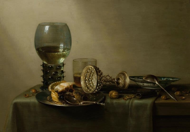 Dessert, still life with cake, wine, beer and nuts as a canvas print