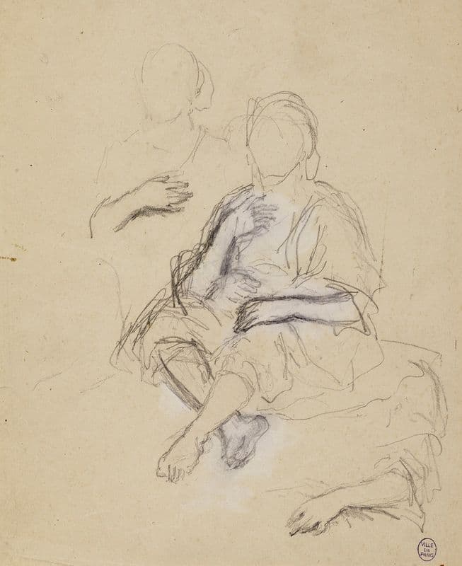 Deux personnages drapés assis de face et étude de bras as a canvas print