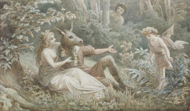 Die Elfenkönigin Titania bekränzt den neben ihr sitzenden, eselköpfigen Nick Bottom (ca 1883) as a canvas print