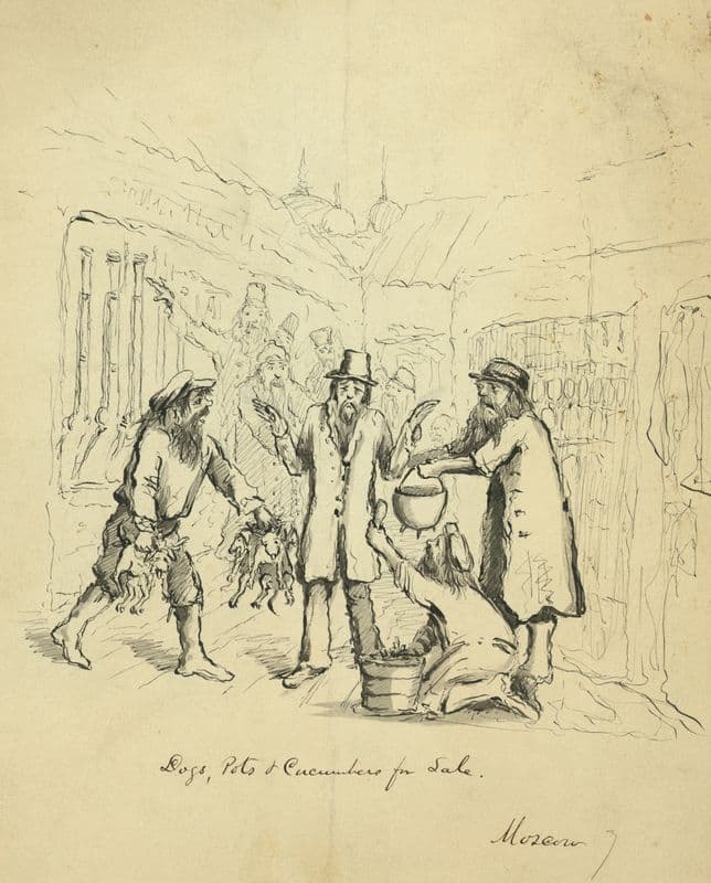 Dogs, pots & cucumbers for sale. Moscow (1862-1863) as a canvas print