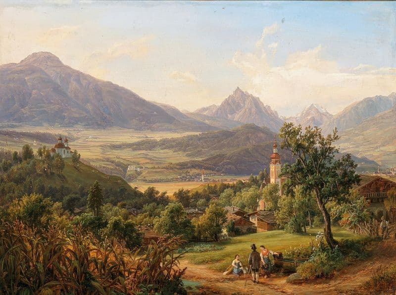 Dorf Arzl und der Kalvarienberg von Innsbruck mit Ansicht Schloß Anna, heiligen Wasser, der Waldraster-Spitze und kleinen Stubayer Ferner as a canvas print