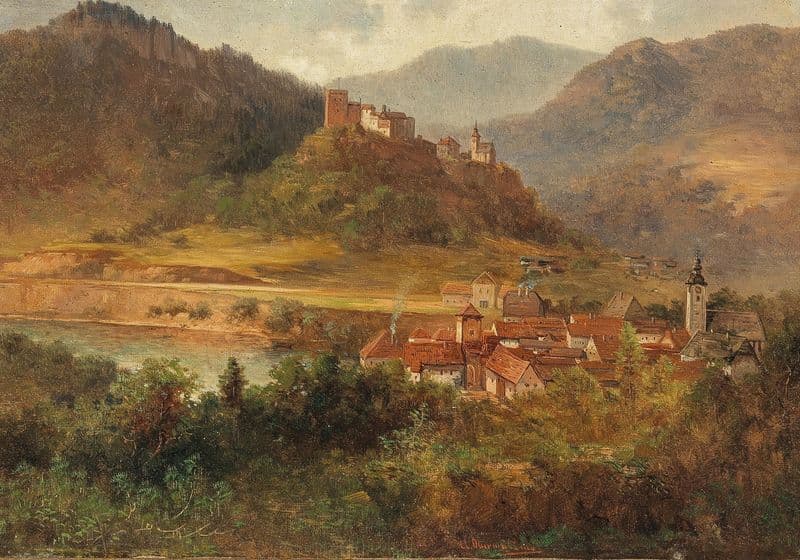 Dorf mit Fluss und Burg as a canvas print