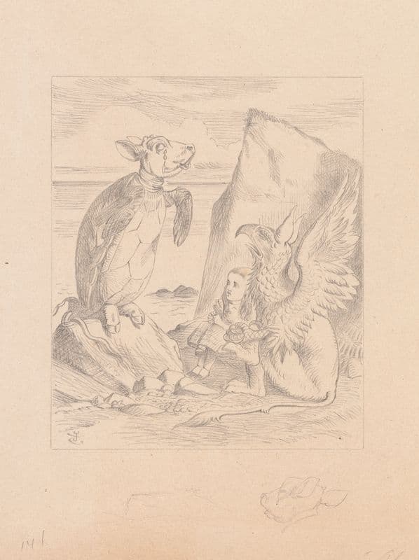Drawing of the Mock Turtle and Gryphon sing to Alice as a canvas print