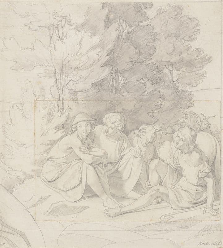 Drei Hirten mit Schafen und Ziegen an einer Baumgruppe sitzend (ca. 1821 – 1823) as a canvas print