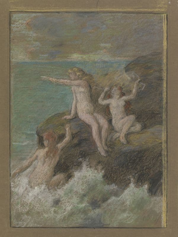 Drei nackte Frauen auf einem Felsen as a canvas print