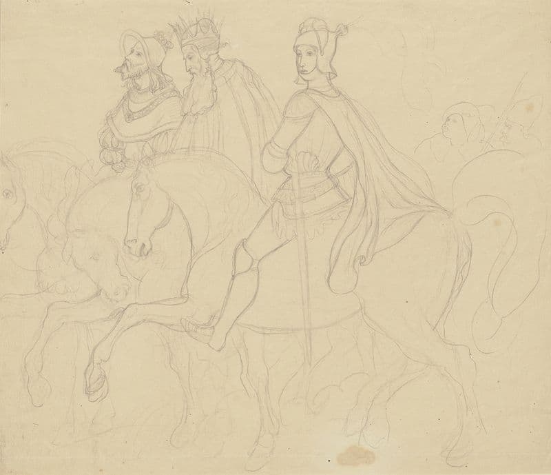 Drei Reiter zu Pferd, gefolgt von zwei Männern as a canvas print