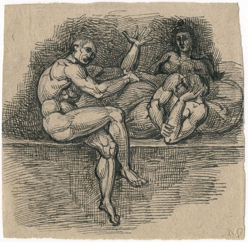 Drie figuren, zittend en liggend op een hoge bank as a canvas print