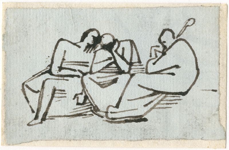 Drie zittende figuren, waarvan er één een staf vasthoudt as a canvas print