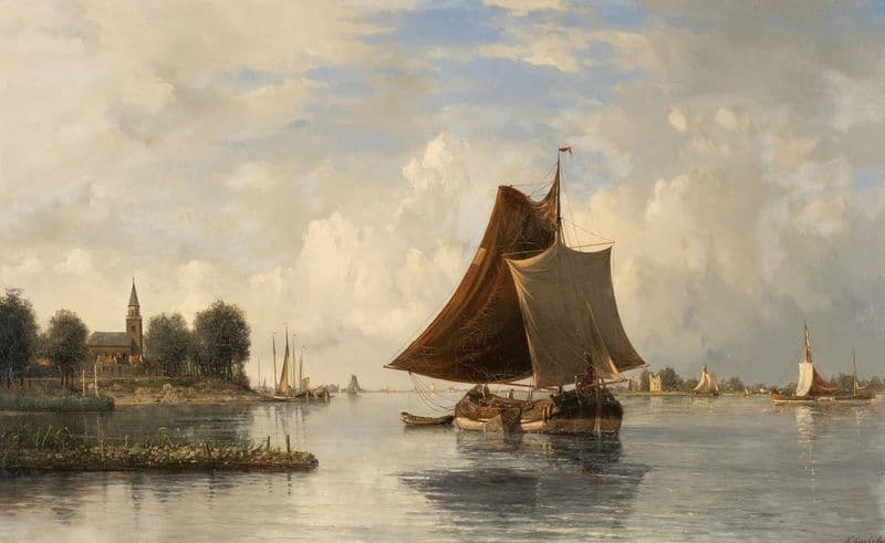 Dutch river landscape with sailing boats as a canvas print