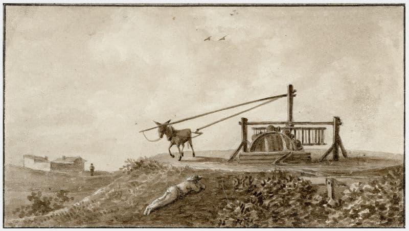 Een waterput met raderwerk en trekezel as a canvas print