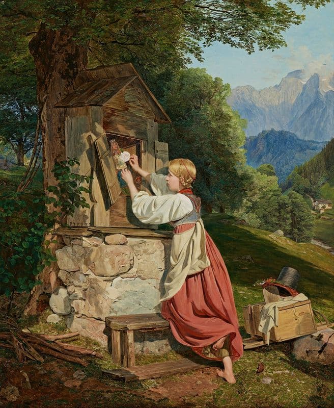 Ein Mädchen schmückt die Mutter Gottes mit einer Rose as a canvas print