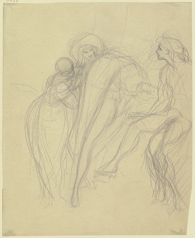 Ein Mann mit großem Hut, dem sich eine Frau anschmiegt, rechts eine sitzende Figur as a canvas print