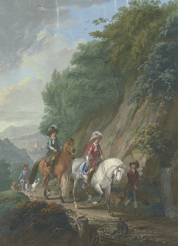 Ein rotgekleideter Kavalier auf einem Schimmel mit Gefolge reitet auf einem steilen Bergweg über eine Holzbrücke bei einem Wasserfall as a canvas print