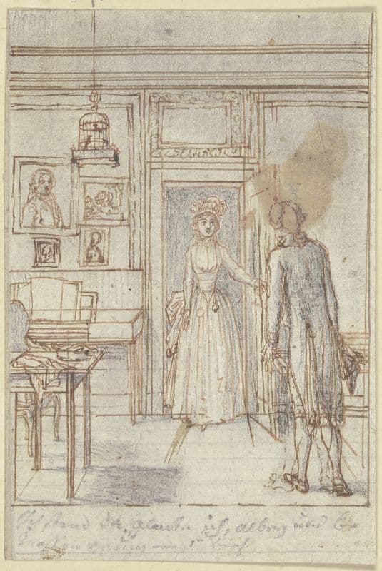 Ein Zimmer, in dem links ein Arbeitstisch und ein Spinett stehen (ca. 1795) as a canvas print