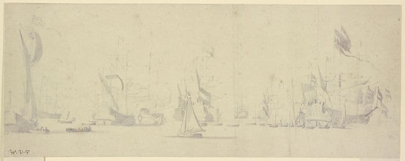 Eine Flotte, rechts das reich beflackte Admiralsschiff, umgeben von vielen Booten as a canvas print