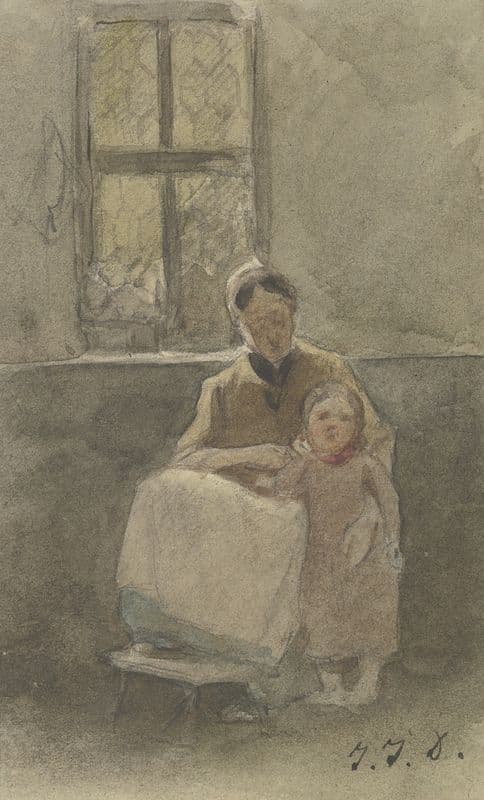 Eine Frau, an einem Fenster sitzend, hält ein neben ihr stehendes Kind as a canvas print