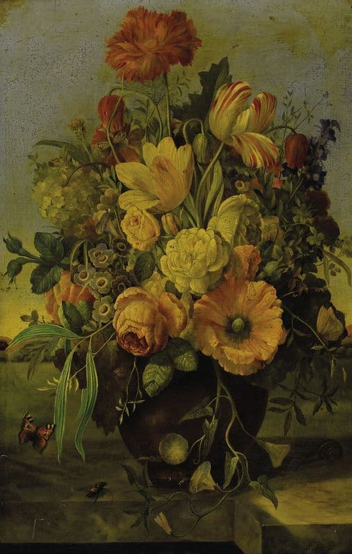 Elaborate Floral Bouquet on a Marble Ledge with a Landscape Beyond as a canvas print