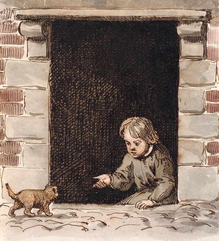 En dreng, der sidder i en kælderdør, lokker for en hundehvalp (1843 - 1845) as a canvas print