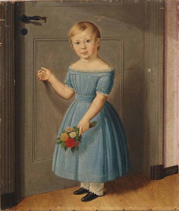En pige banker på døren holdende en buket blomster i hånden as a canvas print