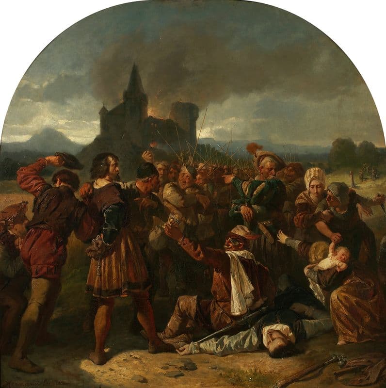 Episode aus dem deutschen Bauernkrieg (Graf Helfenstein am Fuße seiner brennenden Burg, von Bauern verhöhnt) as a canvas print