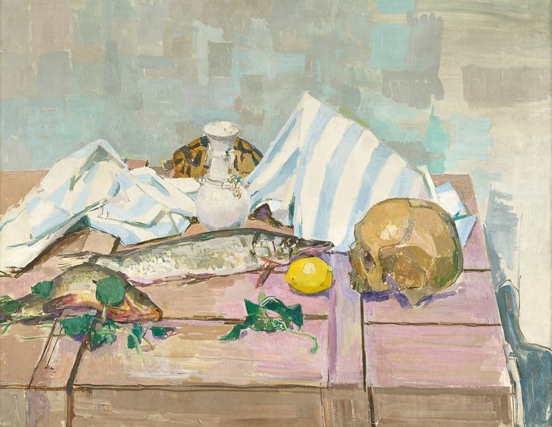 Etillleben Mit Totenkopf Und Fischen as a canvas print