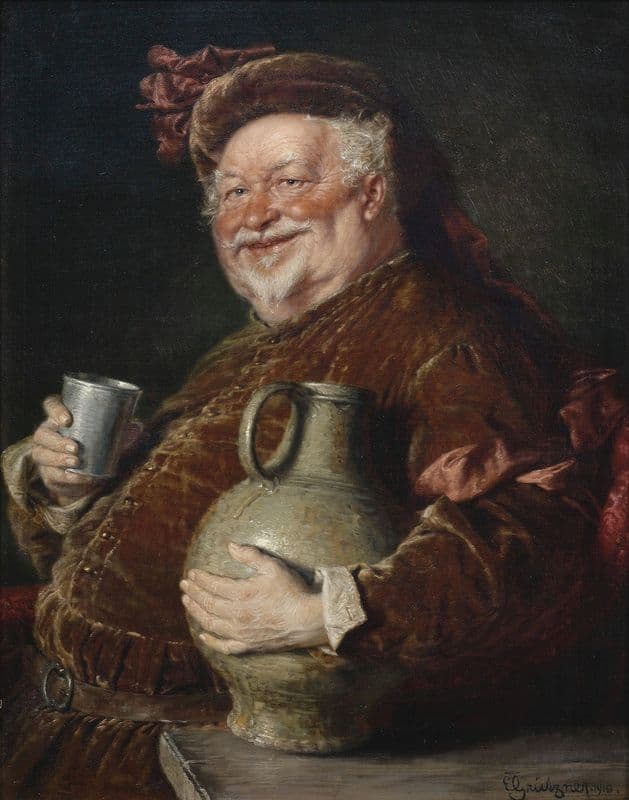 Falstaff at the table with a wine jug and pewter cup as a canvas print