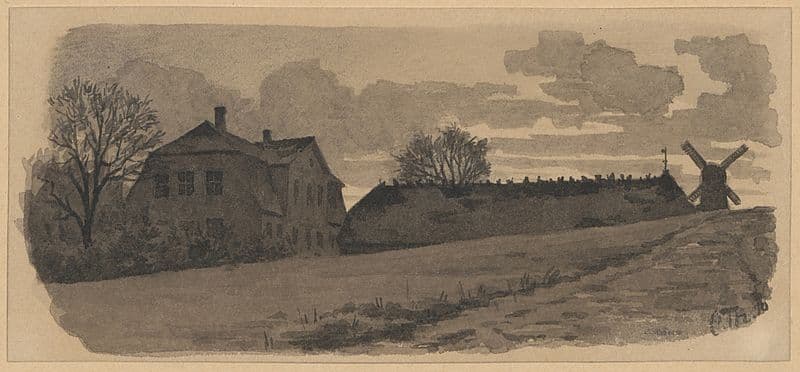 Farm, thatched house, and mill. (1865-1912) as a canvas print