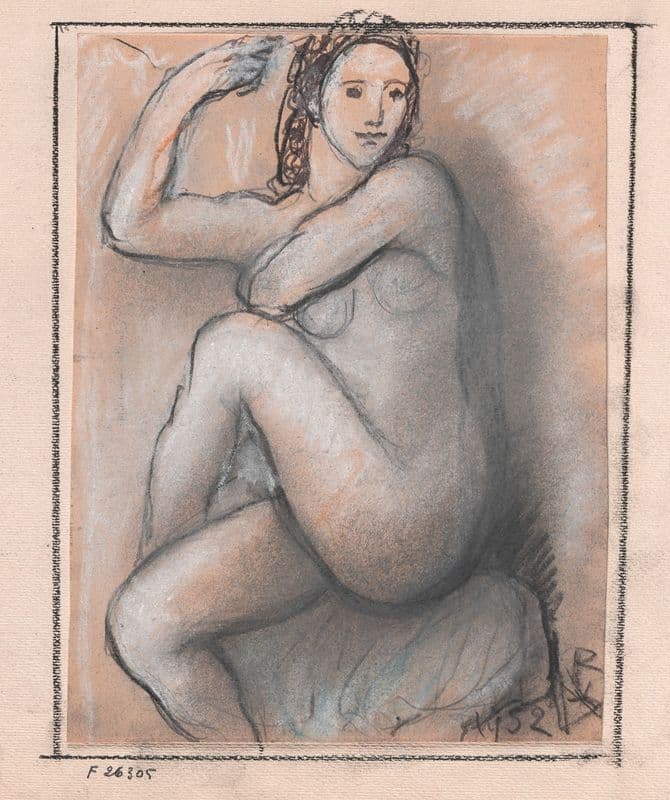 Female nude sitting upright with legs crossed as a canvas print