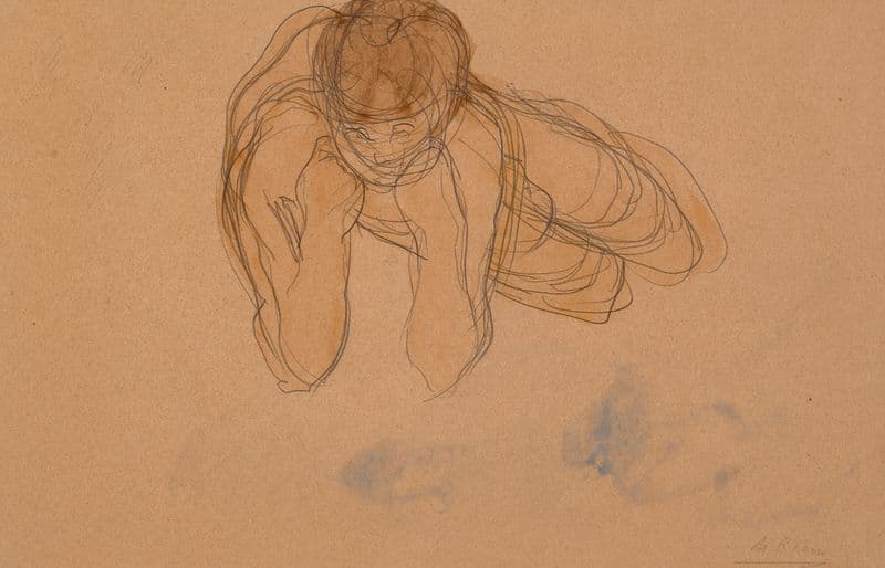 Femme nue couchée de face, sur le flanc droit, accoudée et les poings au menton (circa 1900) as a canvas print