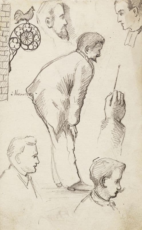 Feuille d’étude avec quatre têtes d’hommes, un homme penché, une main droite tenant un pinceau et une enseigne as a canvas print