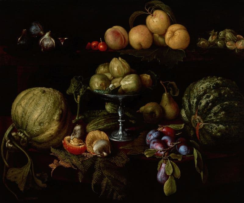 Figs on a Tazza with Pears, Quinces, Melons, Plums, Mushrooms on a Table, with Figs, Cherries, Peaches, and Acorns on a Ledge Above as a canvas print