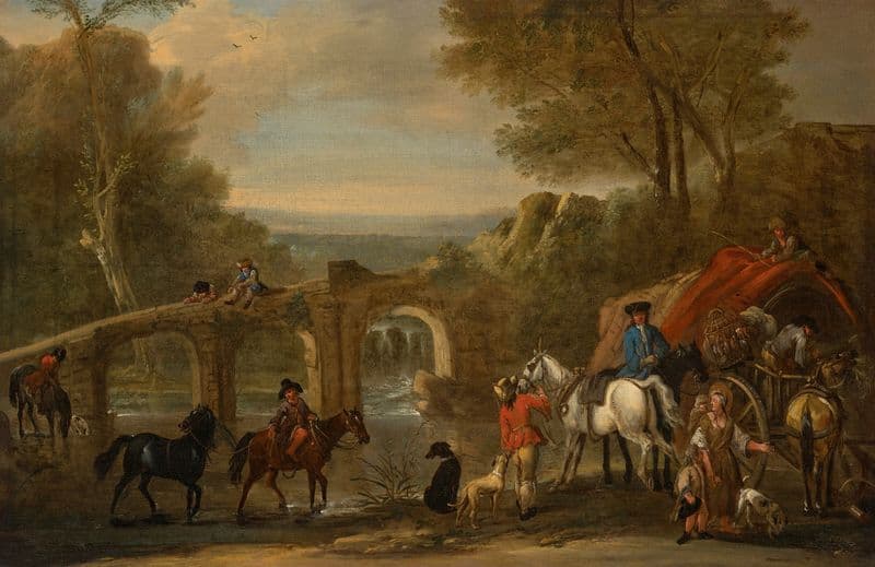 Figures and horses by a bridge in a river landscape as a canvas print