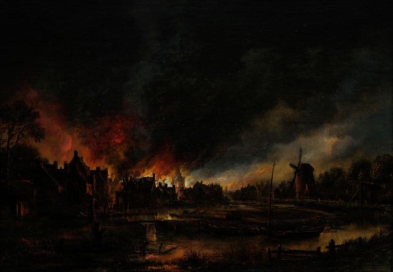 Fire in a village at night (1600s) as a canvas print