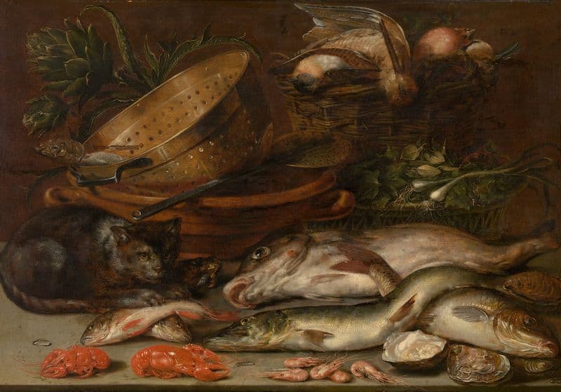 Fish, Crustacea, Poultry, Vegetables and a Cat as a canvas print