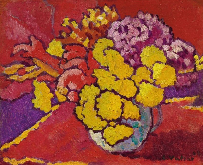 Fleurs jaunes, draperie rouge as a canvas print