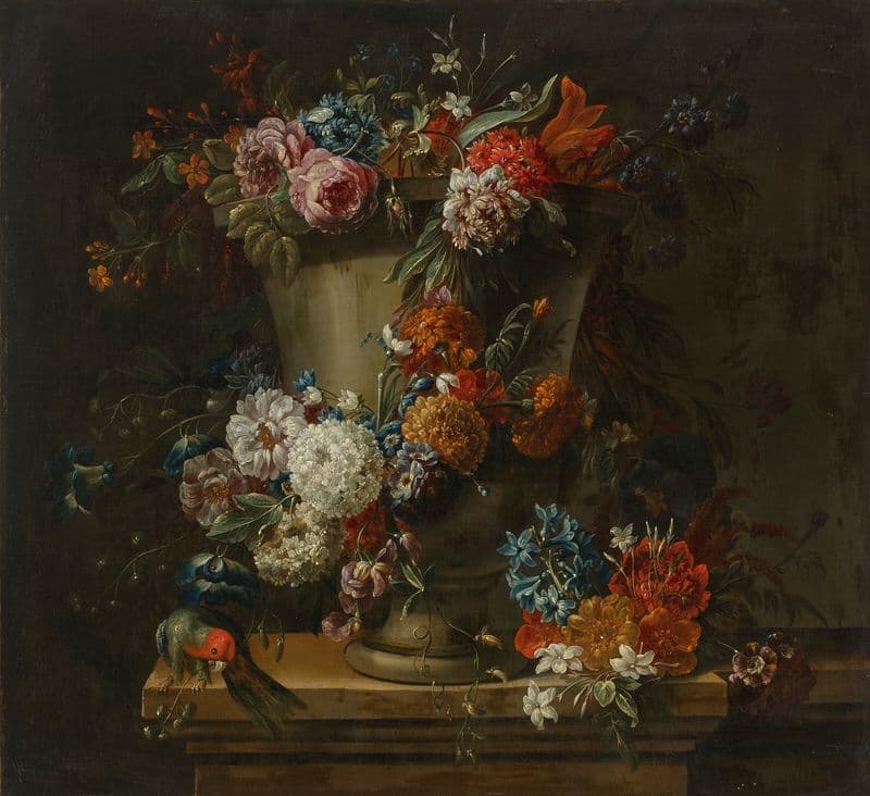 Flowers in a clay urn on a ledge as a canvas print