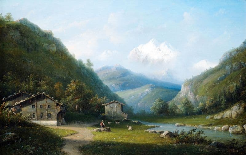 Flusslandschaft im Gebirge mit Blick auf das Mont-Blanc-Massiv as a canvas print