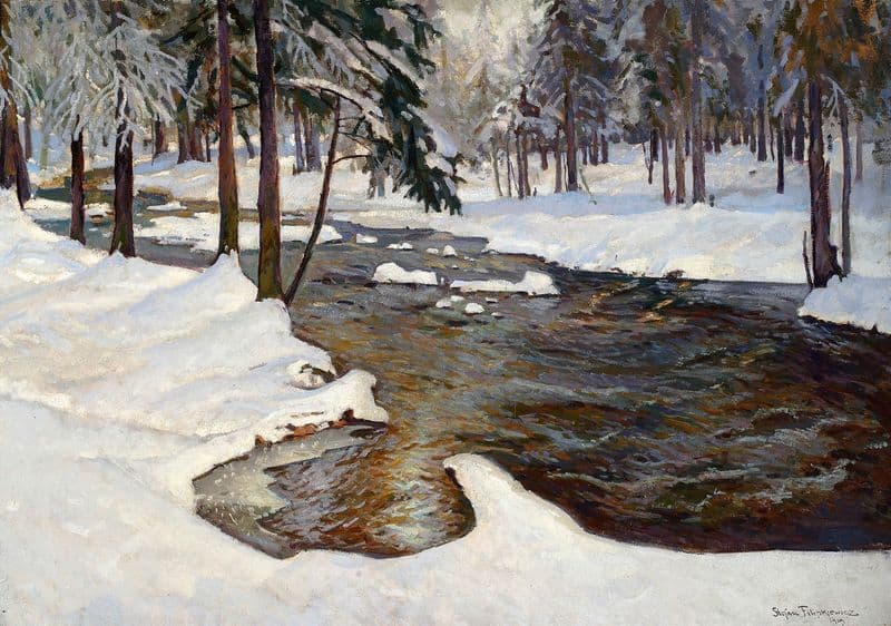 Forest stream in winter as a canvas print