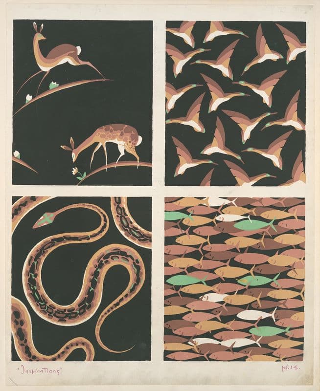 Four animal form compositions ; deer, birds, snakes, fish as a canvas print