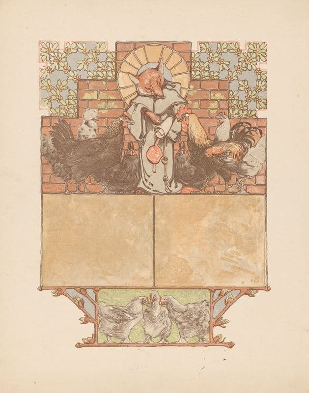 Fox in monk’s habit (Reinaert) surrounded by chickens and rooster (Cantecleer) as a canvas print