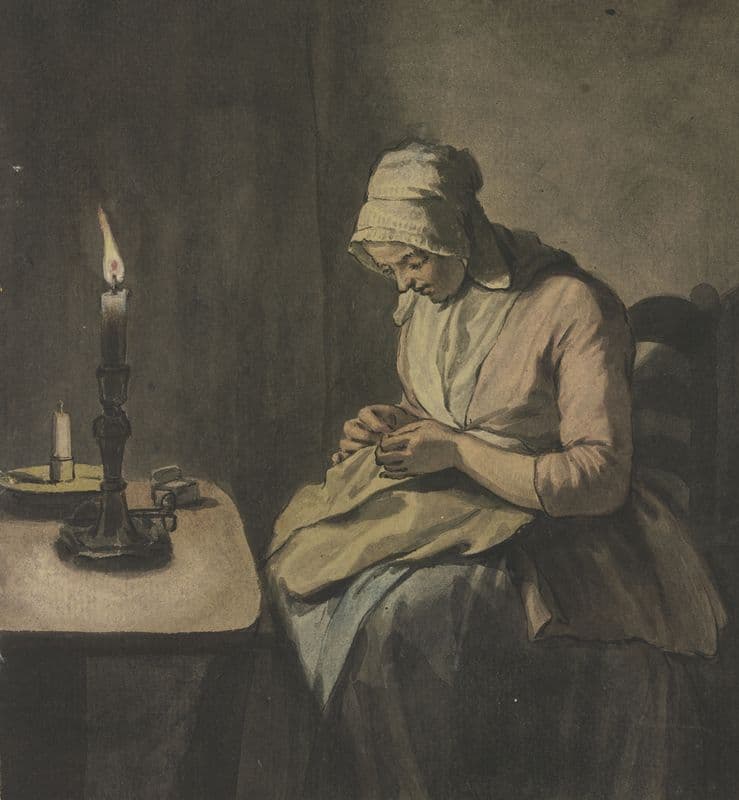 Frau im Kerzenschein bei der Handarbeit as a canvas print