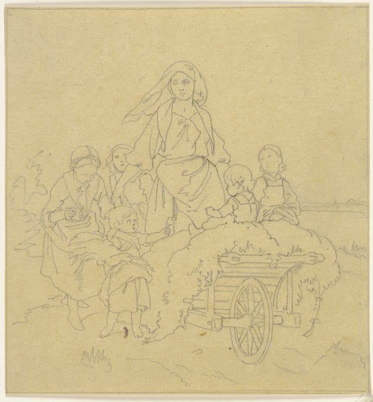 Frau mit heimkehrenden Kindern as a canvas print
